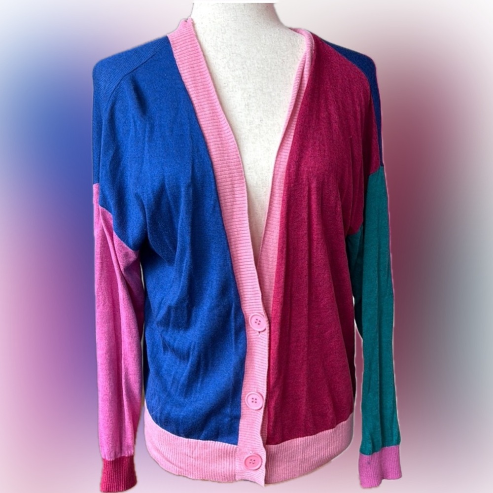 Modcloth Blue and Pink Colorblock Cardigan Sweater